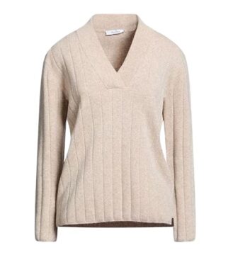 Light Beige V-Neck Ribbed Knit Sweater