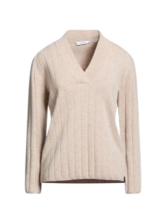 Light Beige V-Neck Ribbed Knit Sweater