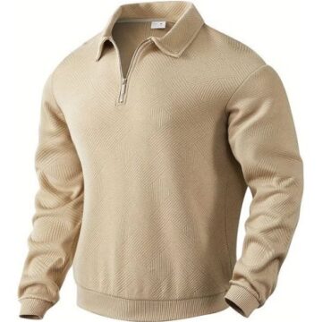 Beige Quarter-Zip Pullover Knit Top with Classic Collar