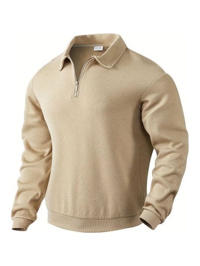 Beige Quarter-Zip Pullover Knit Top with Classic Collar