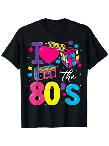 Black Retro Graphic T-Shirt with Vibrant 80s Design